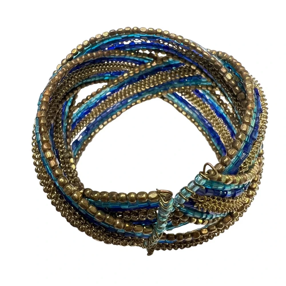 Beaded Cuff Bracelet Blue Gold Tone Statement‎ Bohemian Fashion Jewelry